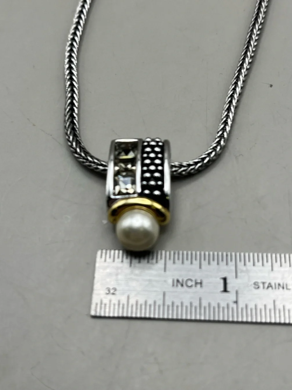 Elegant Silver and Gold Necklace with Pearl and Crystals Pendant -Luxe Stayement